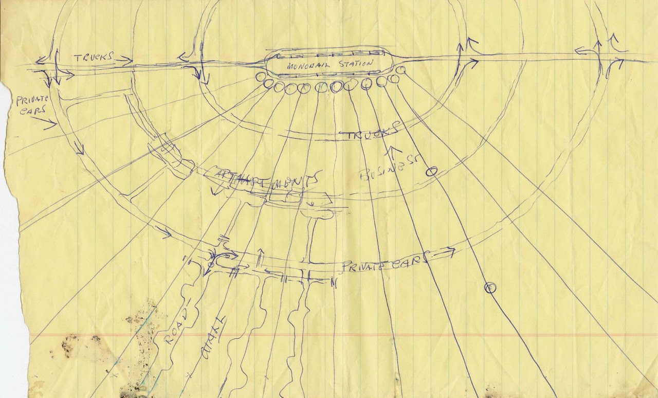 Walt Disney's sketch of the EPCOT central core — transportation hub with monorails and peoplemovers