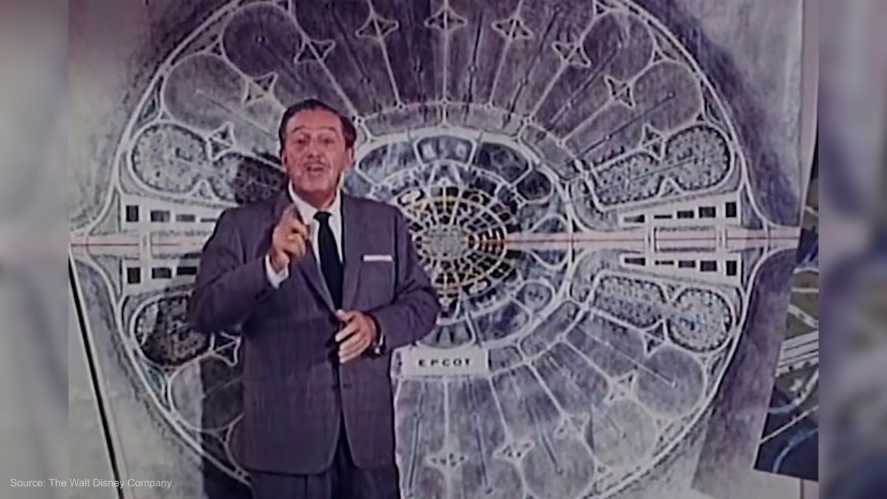 Walt Disney presenting the EPCOT plan — a radial city radiating from a central hub