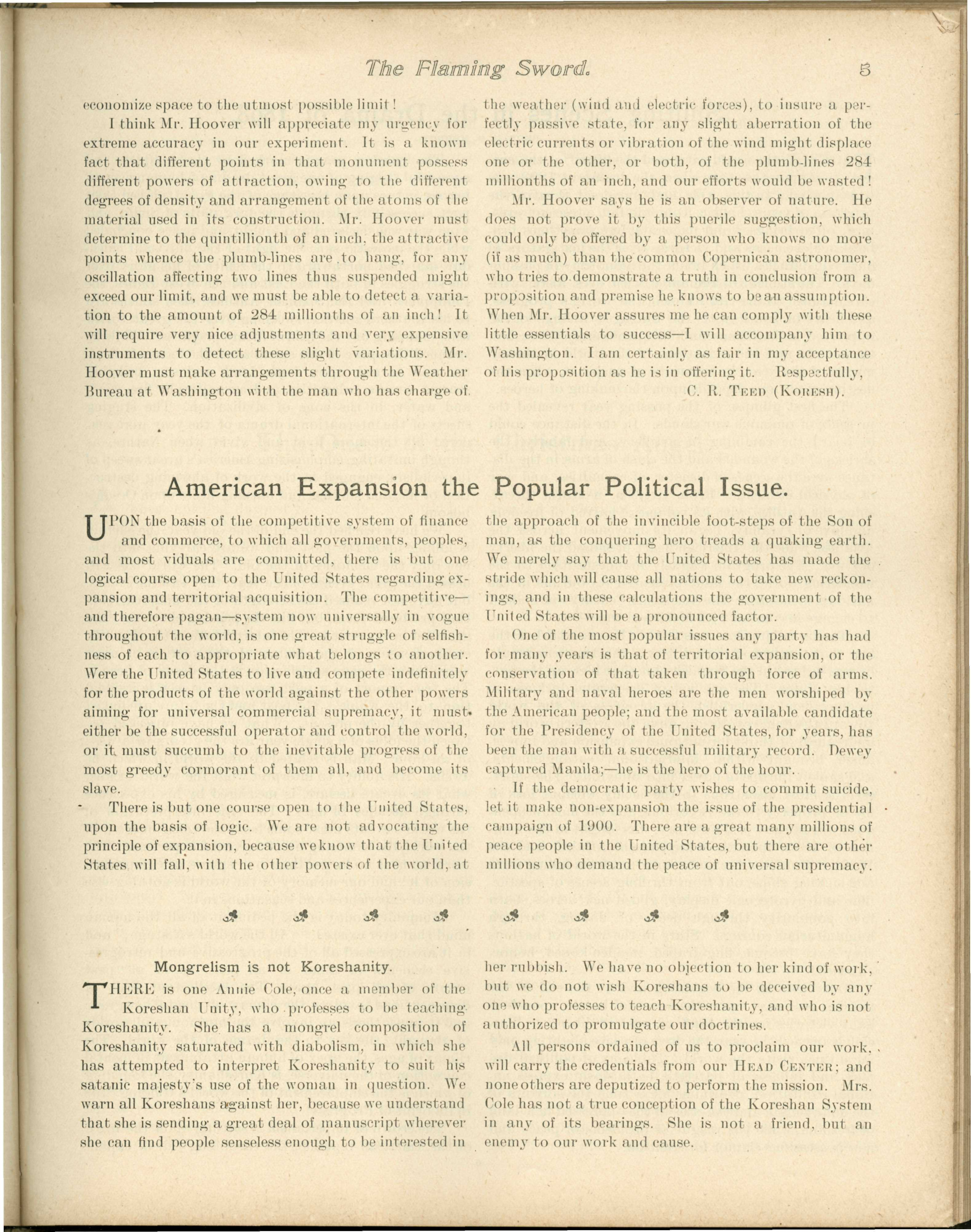 Scanned PDF p. 5 from The Flaming Sword, Dec 1898.
