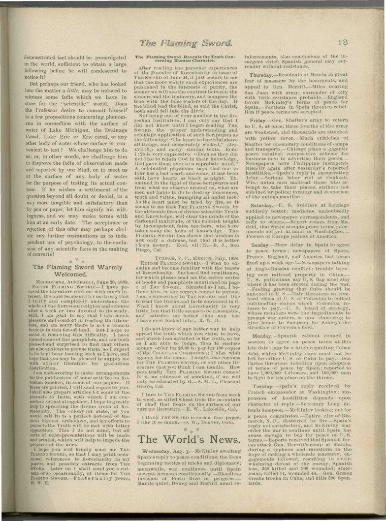 Scanned PDF p. 13 from The Flaming Sword, Aug 1898.