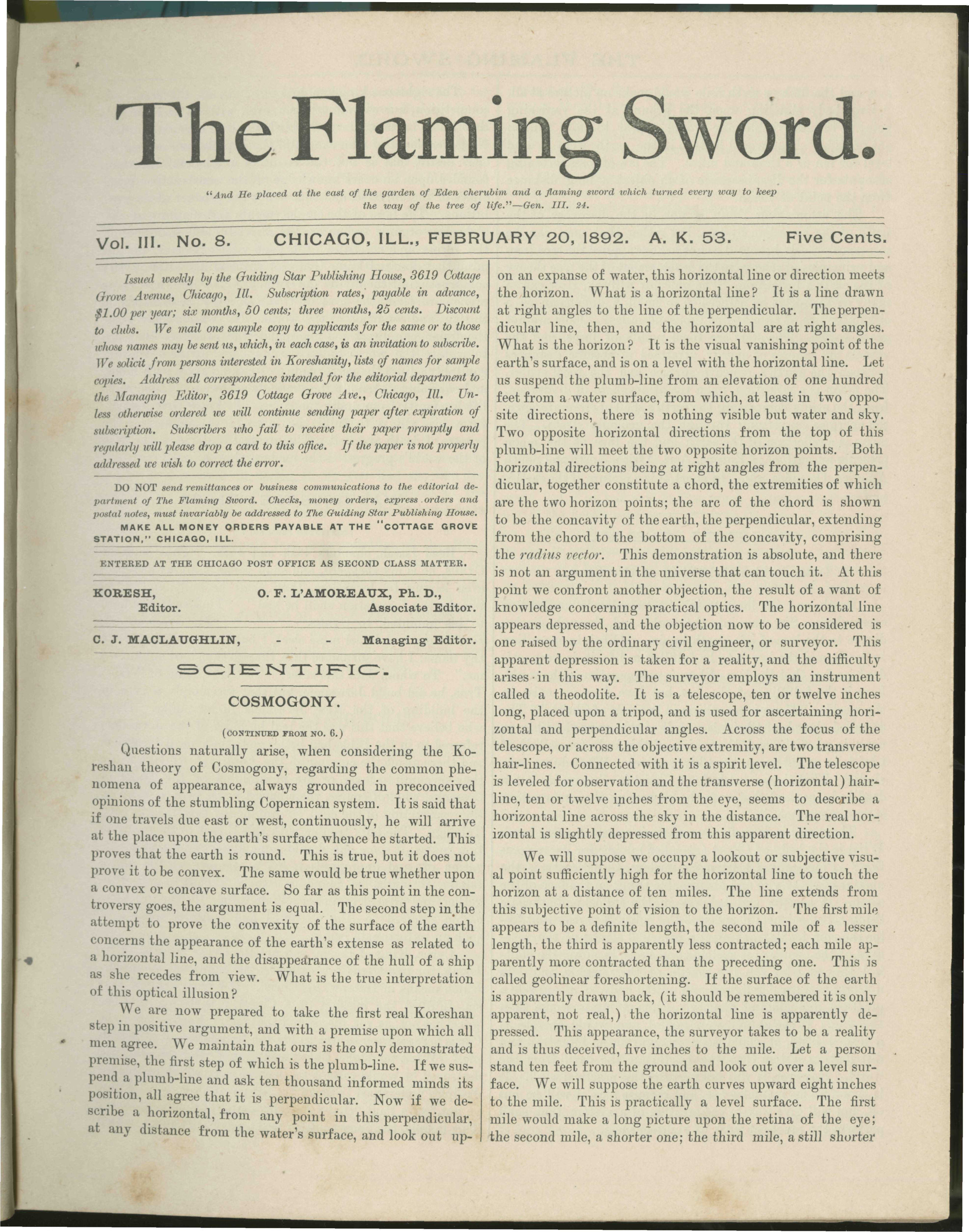 Scanned PDF p. 1 from The Flaming Sword, Feb 20, 1892.