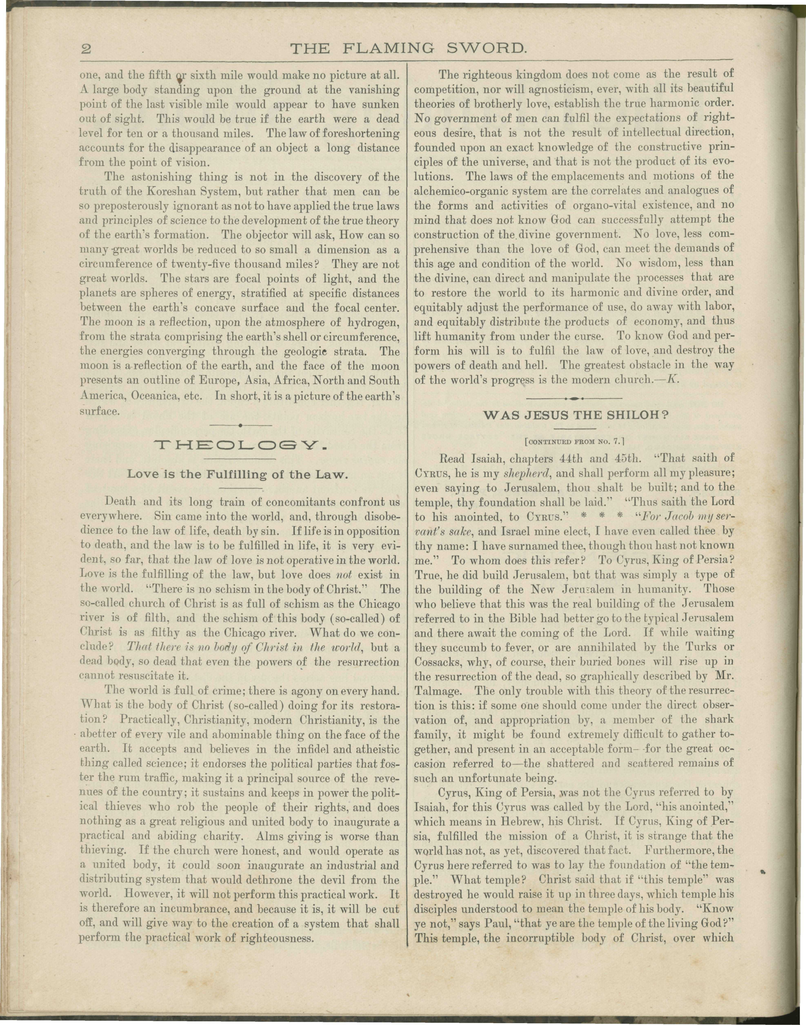 Scanned PDF p. 2 from The Flaming Sword, Feb 20, 1892.