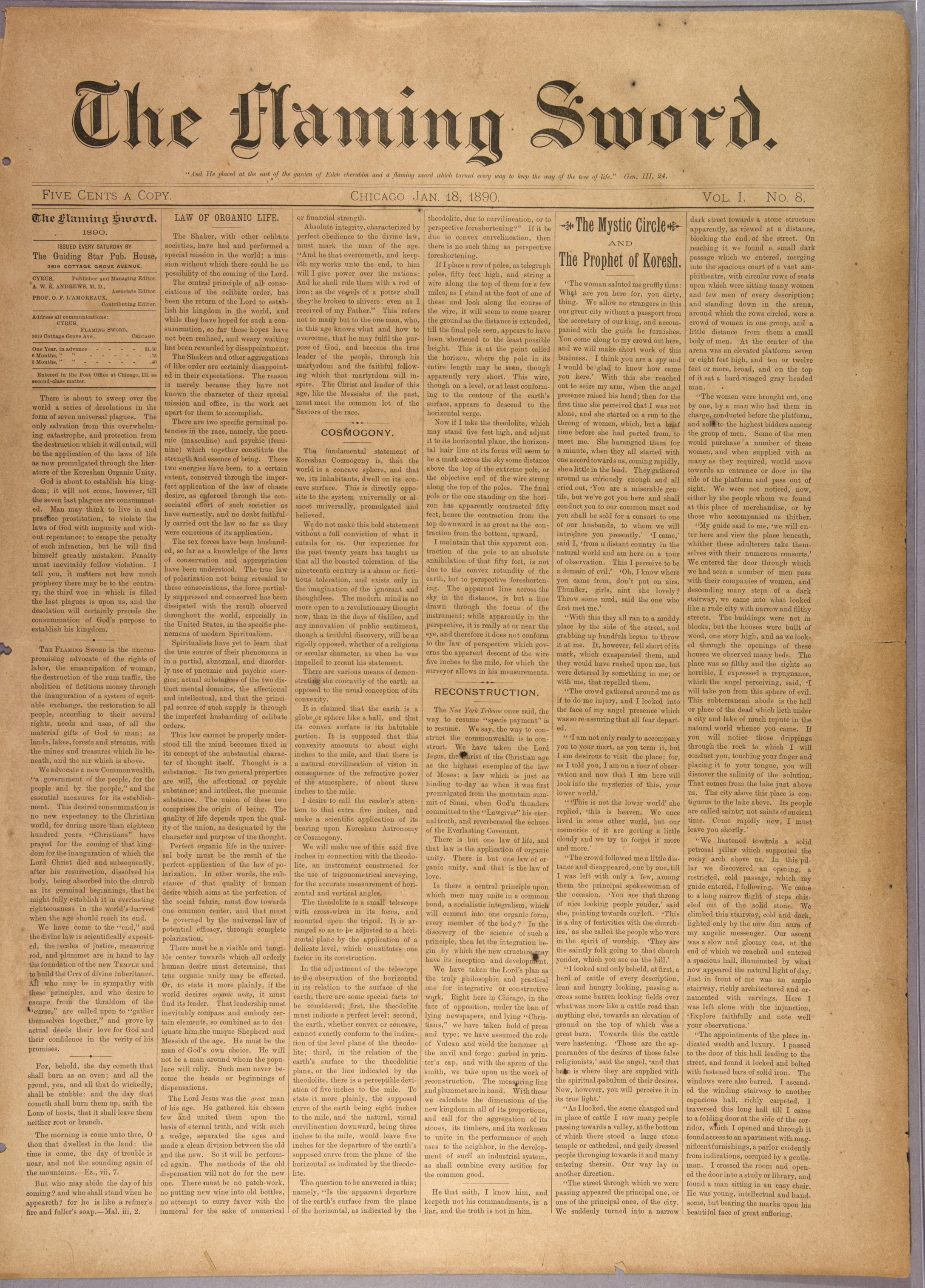 Scanned PDF p. 1 from The Flaming Sword, 18 Jan 1890.
