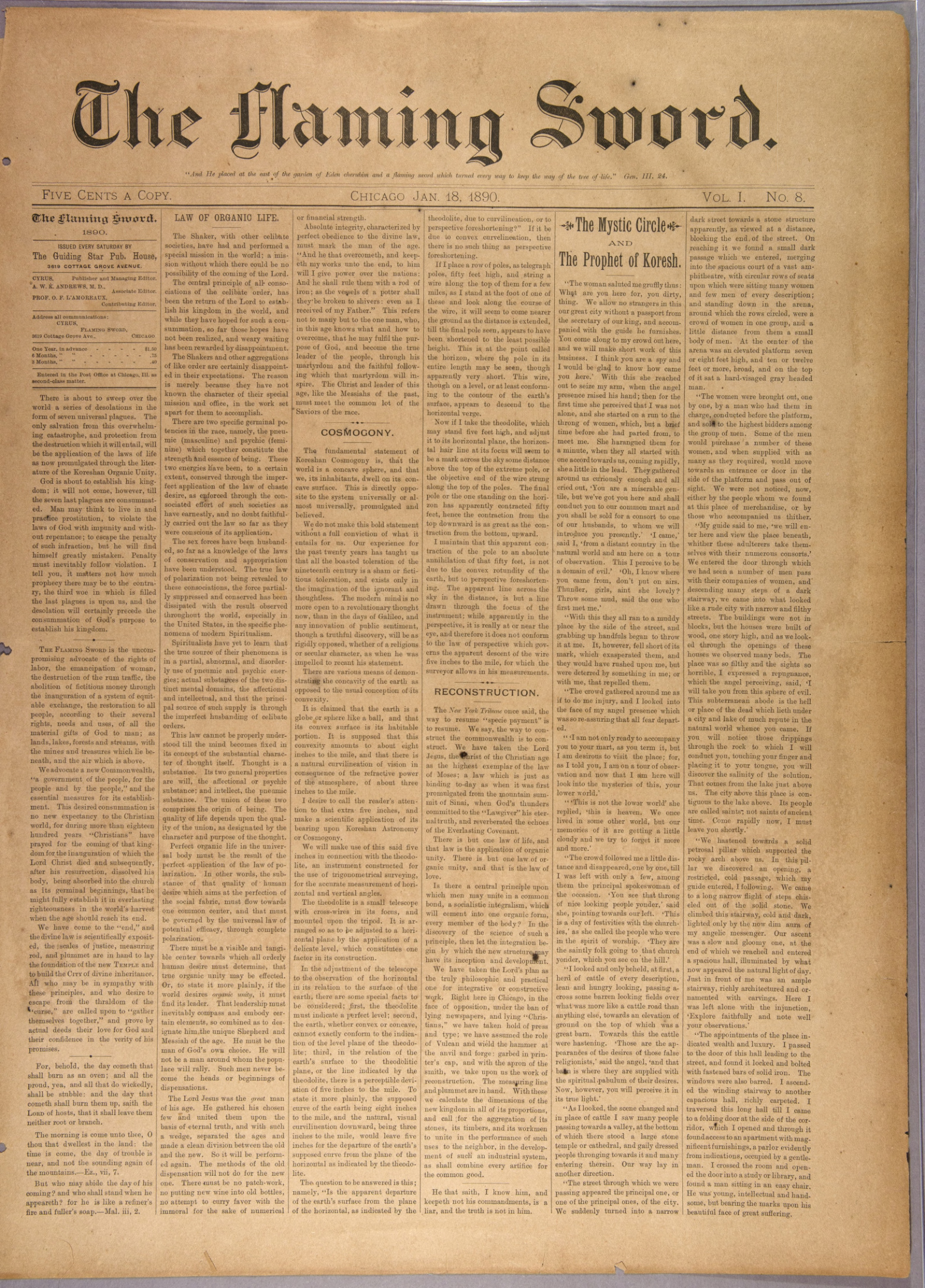 Scanned PDF p. 1 from The Flaming Sword, 18 Jan 1890.