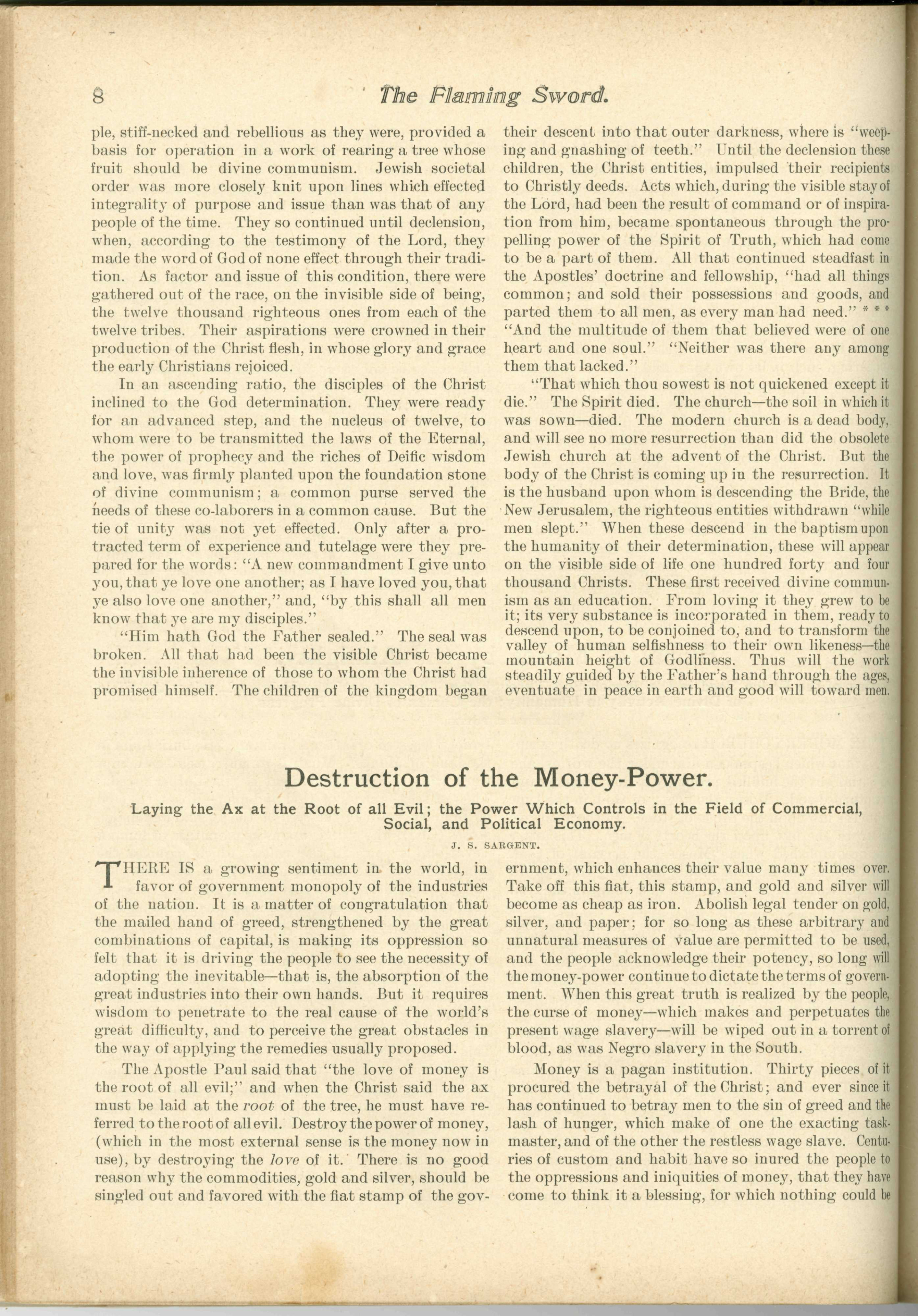 Scanned PDF p. 8 from The Flaming Sword, August 1900.
