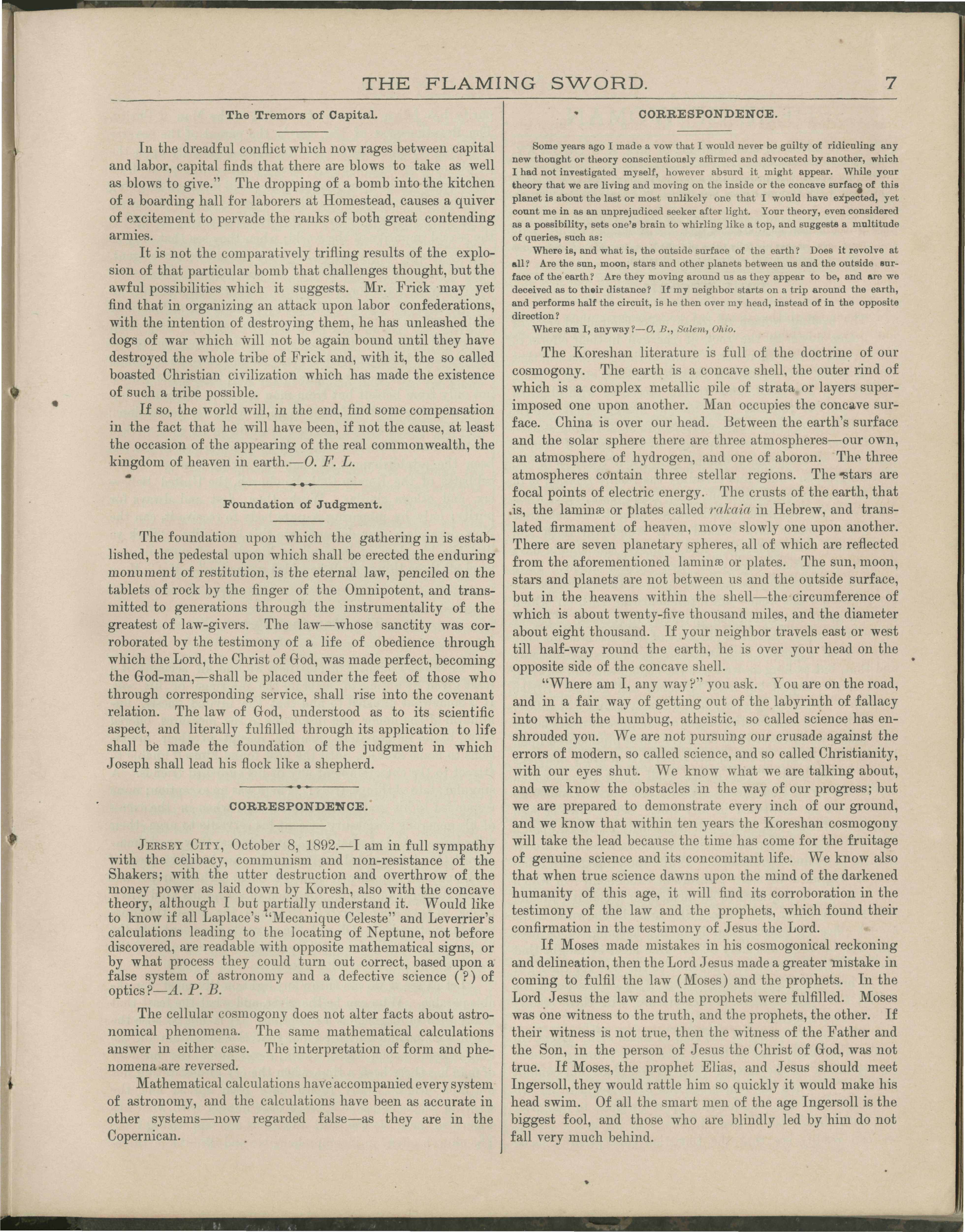 Scanned PDF p. 7 from The Flaming Sword, 1 Oct 1892.