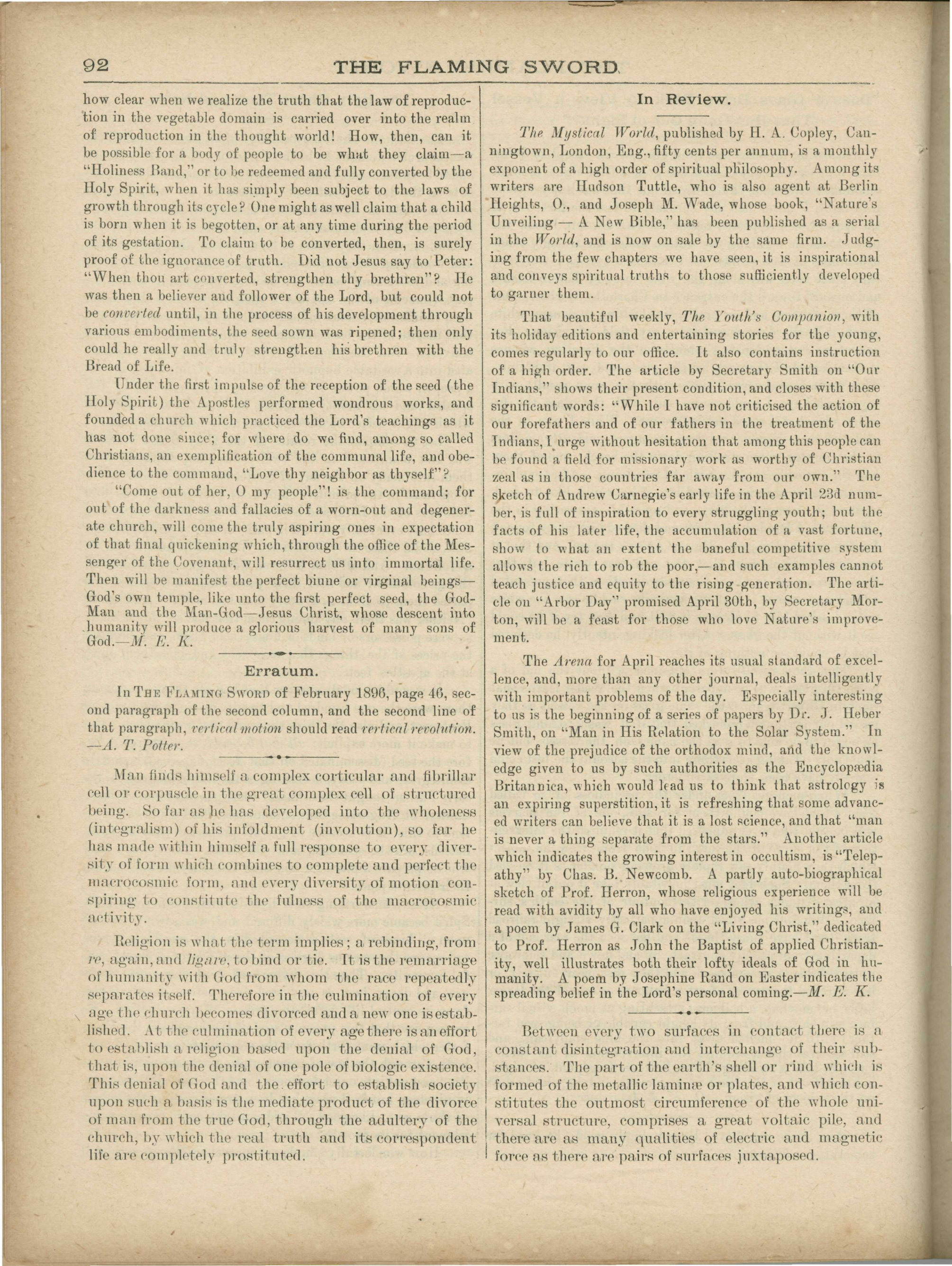 Scanned PDF p. 20 from The Flaming Sword, Apr 1896.