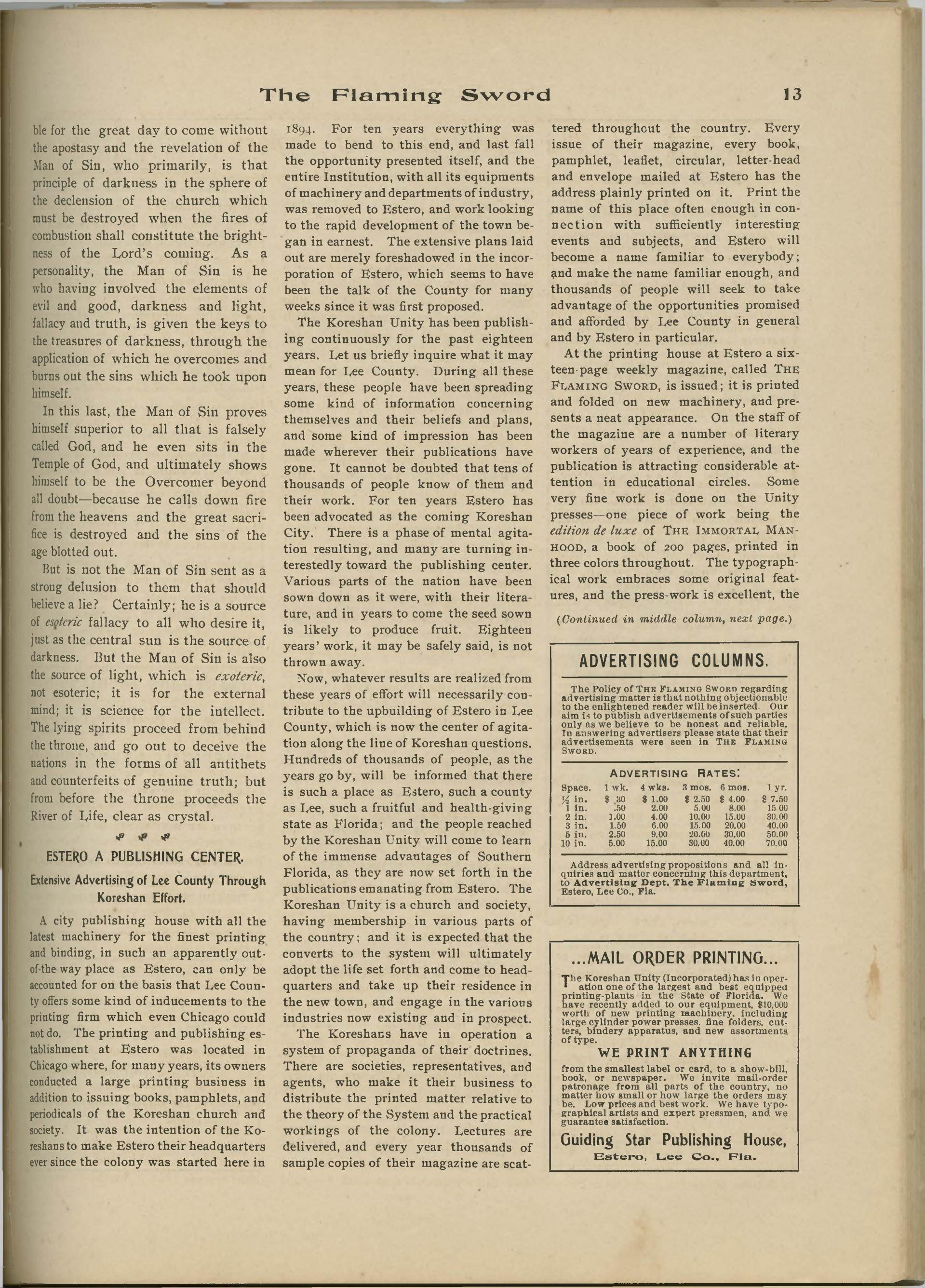 Scanned PDF p. 13 from The Flaming Sword, 14 Feb 1905.