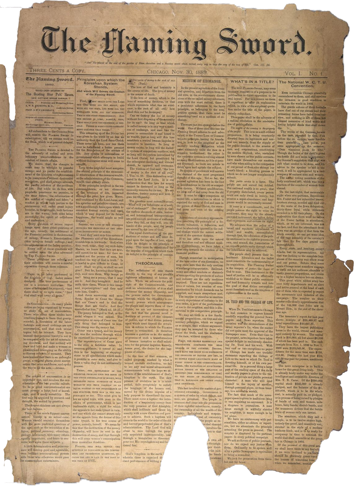 Front page of The Flaming Sword, Vol. 1, No. 1, 30 Nov 1889.