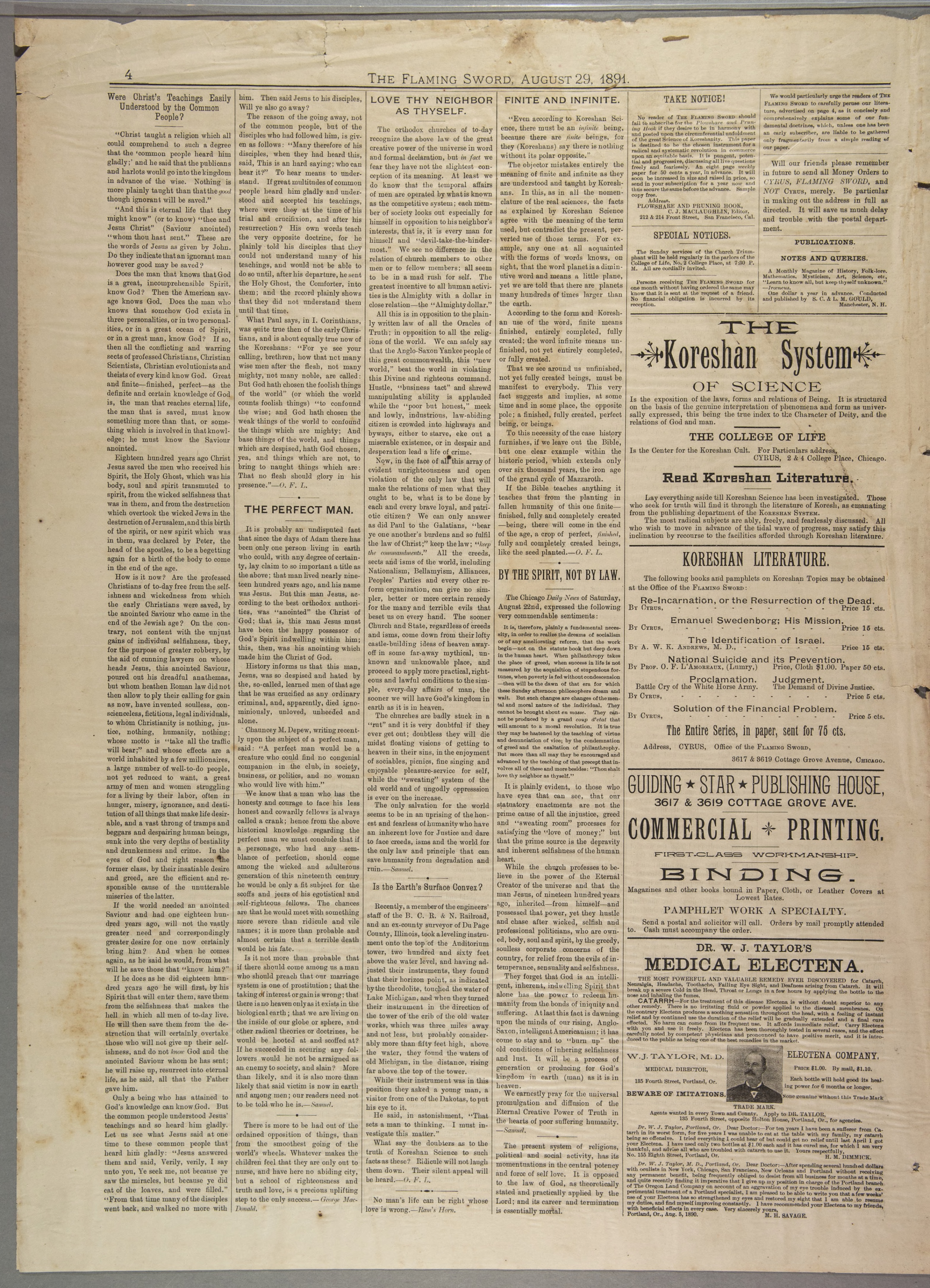 Scanned PDF p. 4 from The Flaming Sword, 29 Aug. 1891.