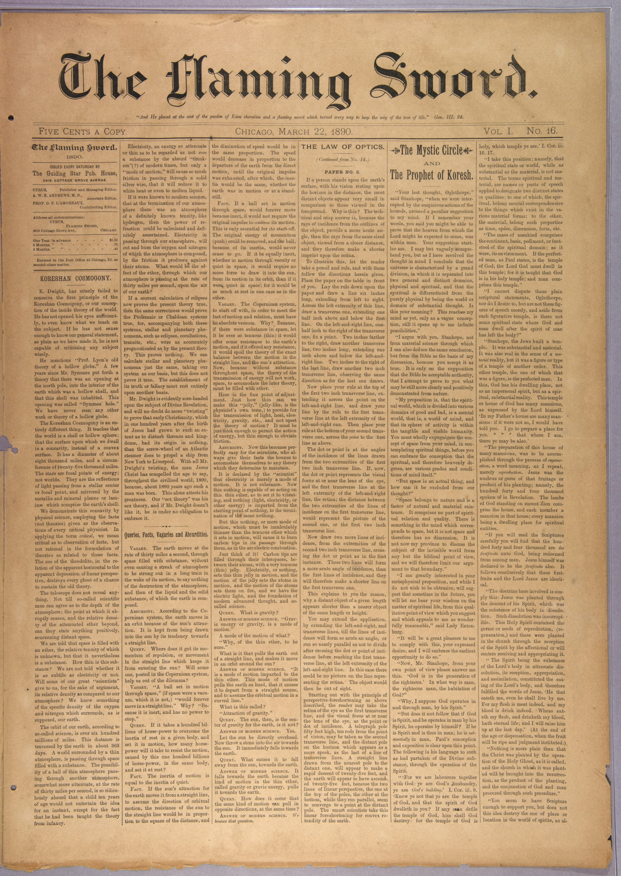 Scanned PDF p. 1 from The Flaming Sword, 22 Mar 1890.