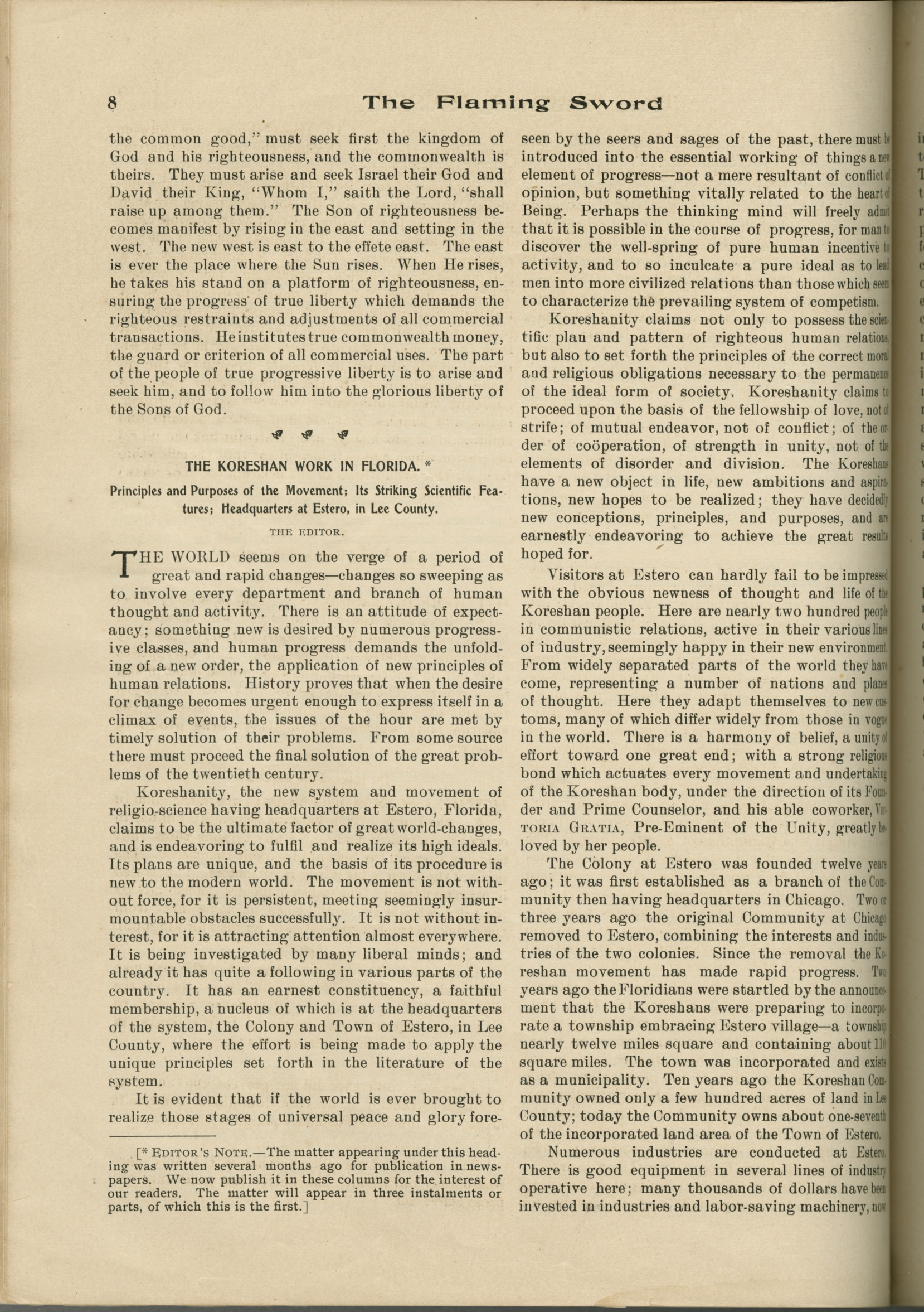 Scanned PDF p. 8 from The Flaming Sword, 28 Aug 1906.