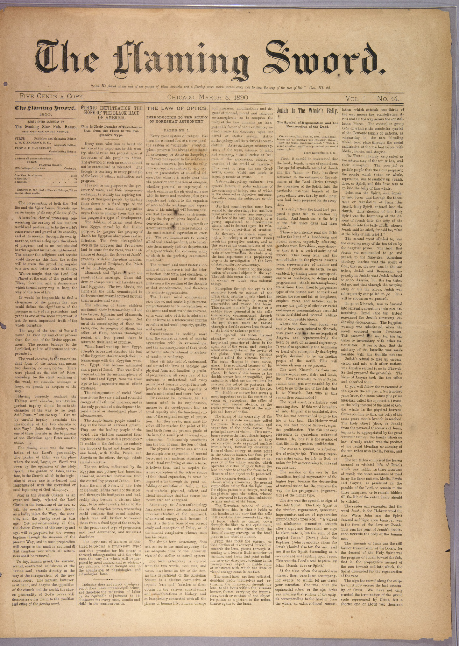 Scanned PDF p. 1 from The Flaming Sword, 8 Mar 1890.
