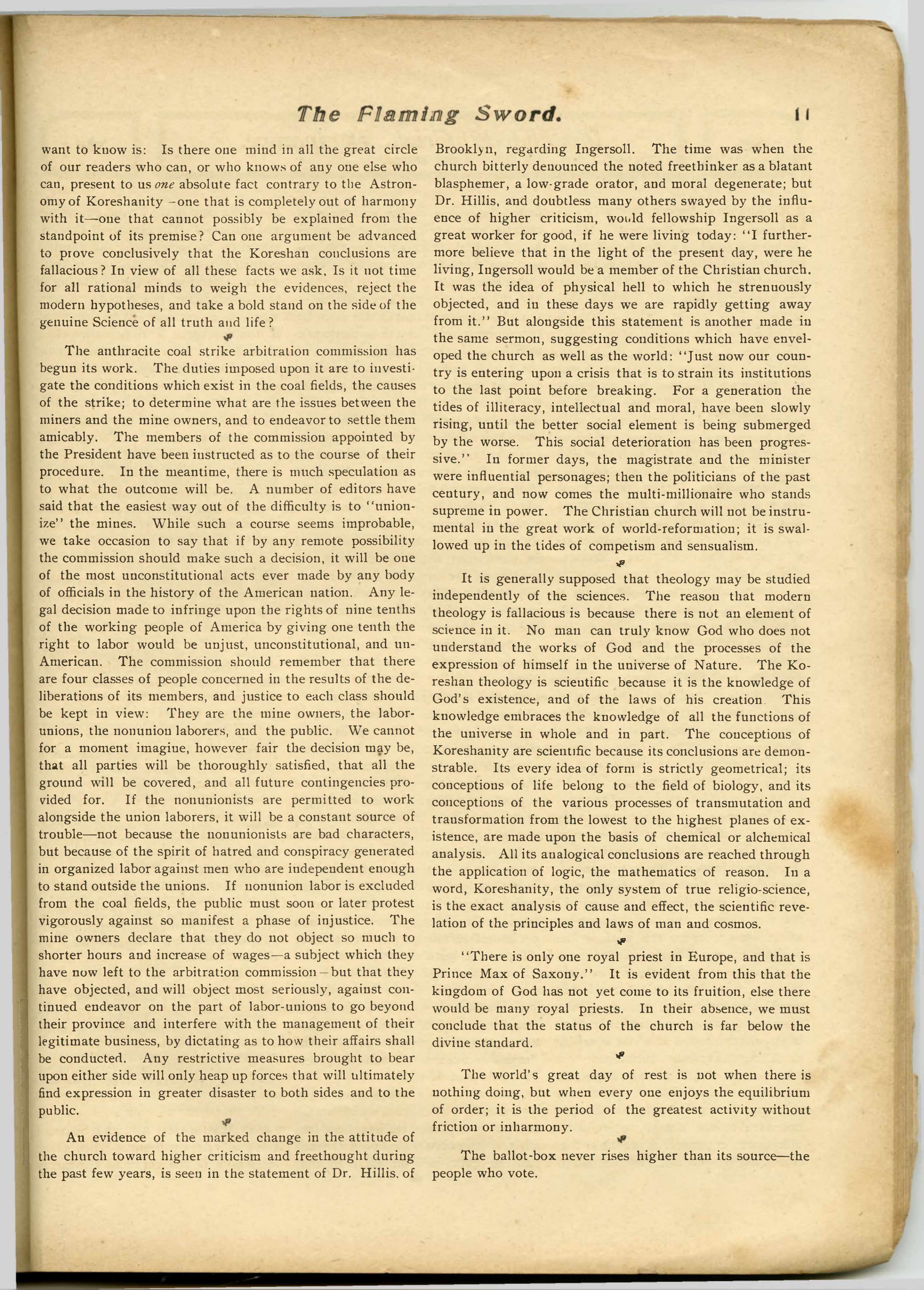 Scanned PDF p. 11 from The Flaming Sword, 31 Oct 1902.