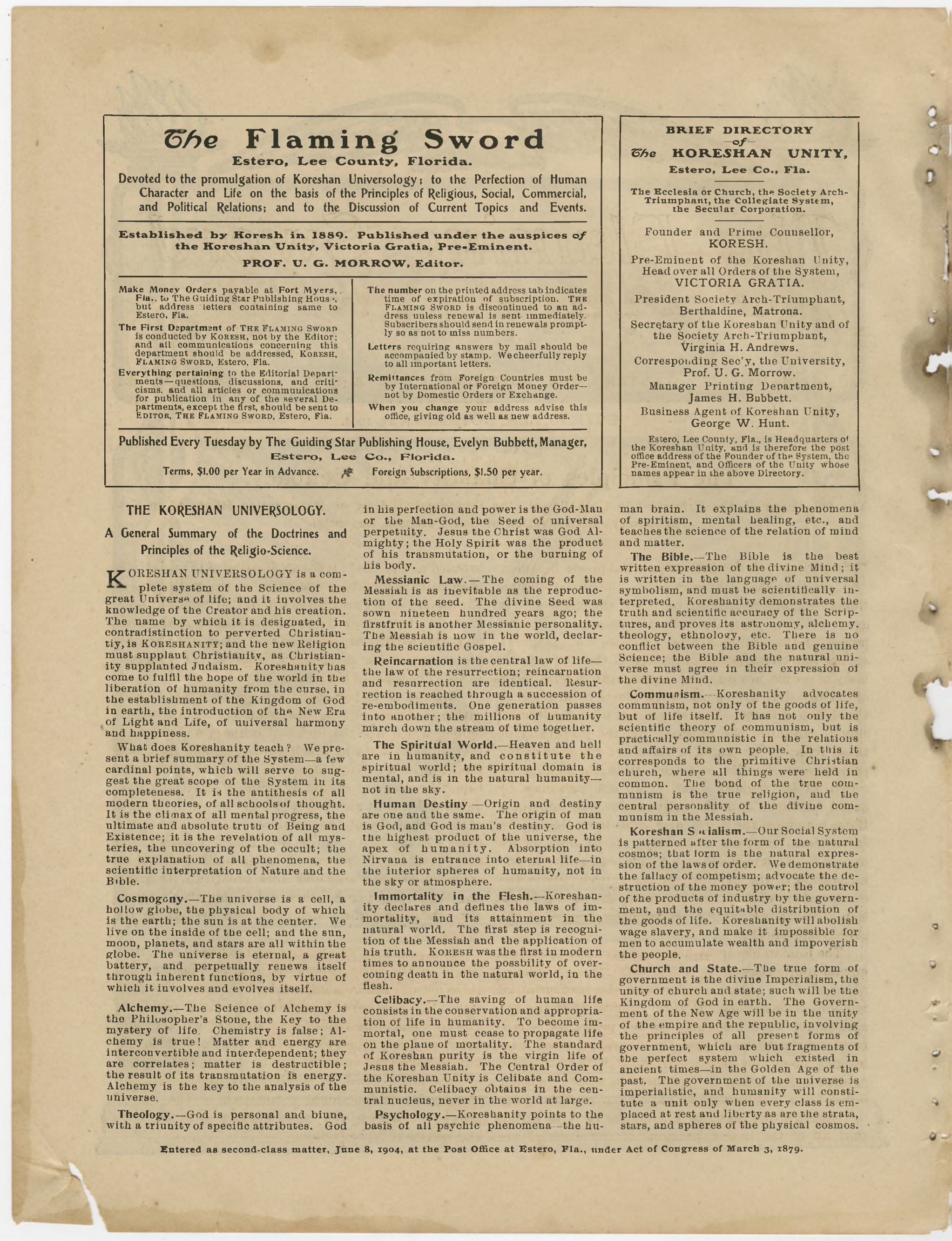 Scanned PDF p. 2 from The Flaming Sword, Nov 1904.