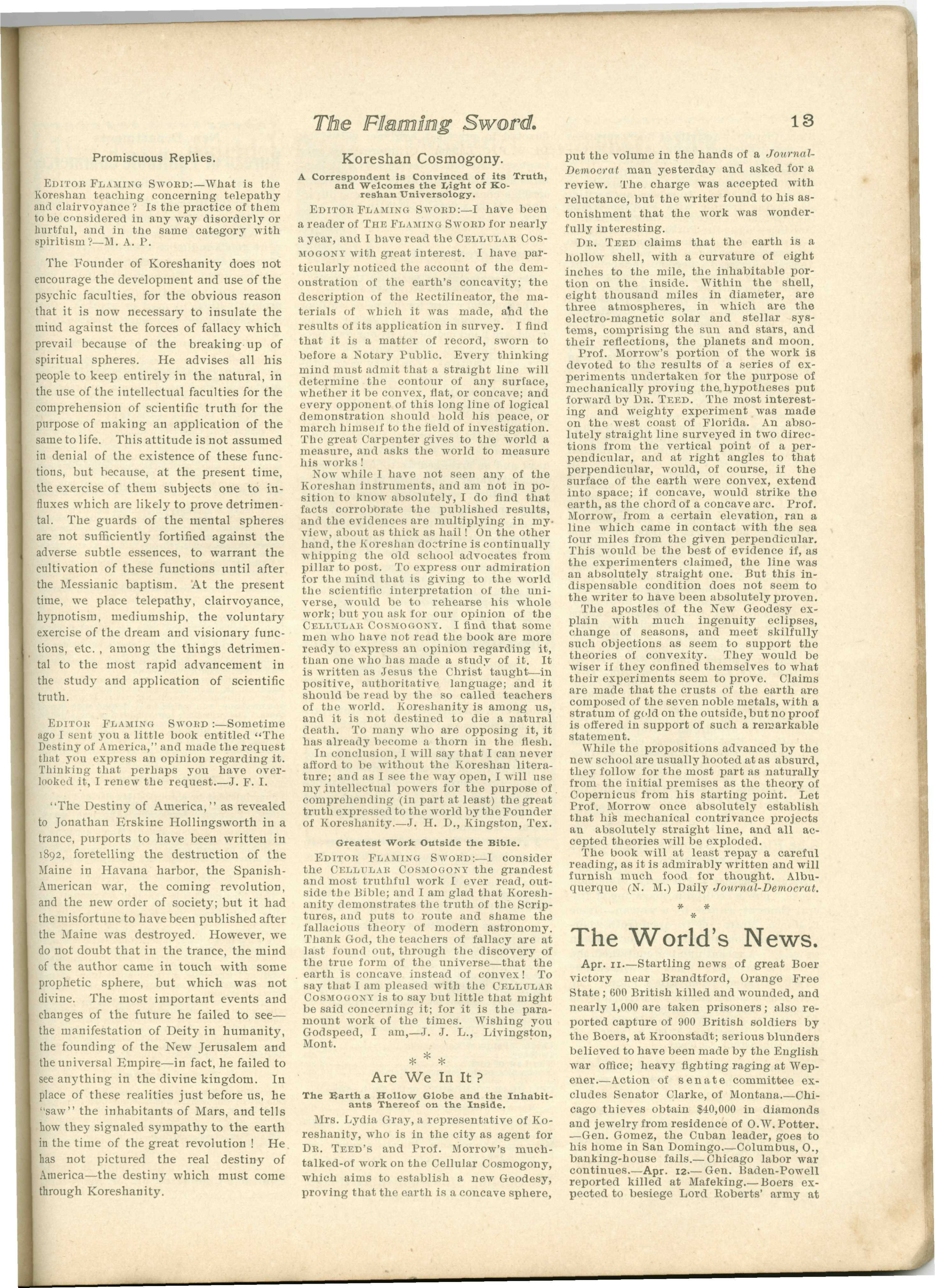 Scanned PDF p. 13 from The Flaming Sword, Apr 20, 1900.