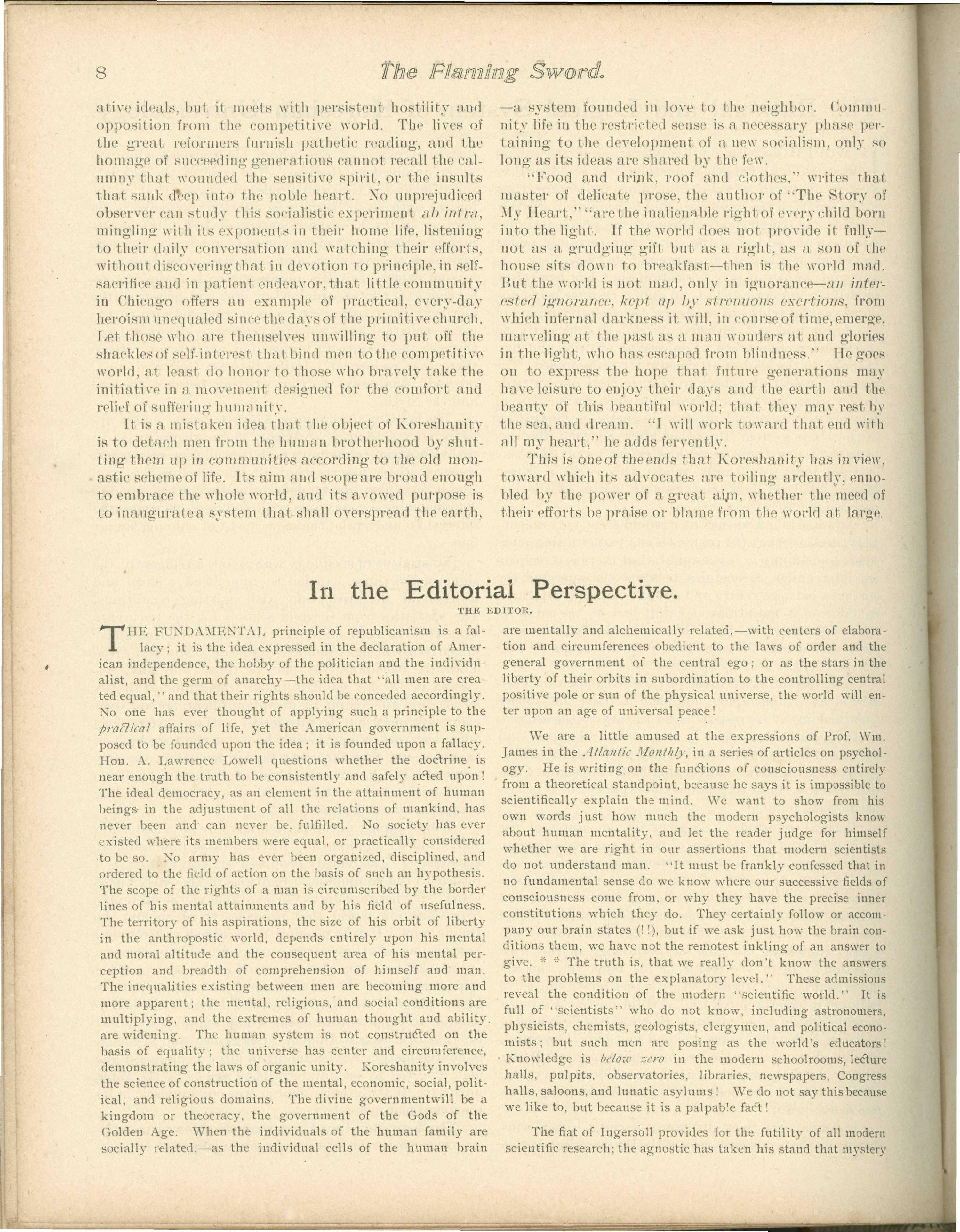 Scanned PDF p. 8 from The Flaming Sword, February 1899.