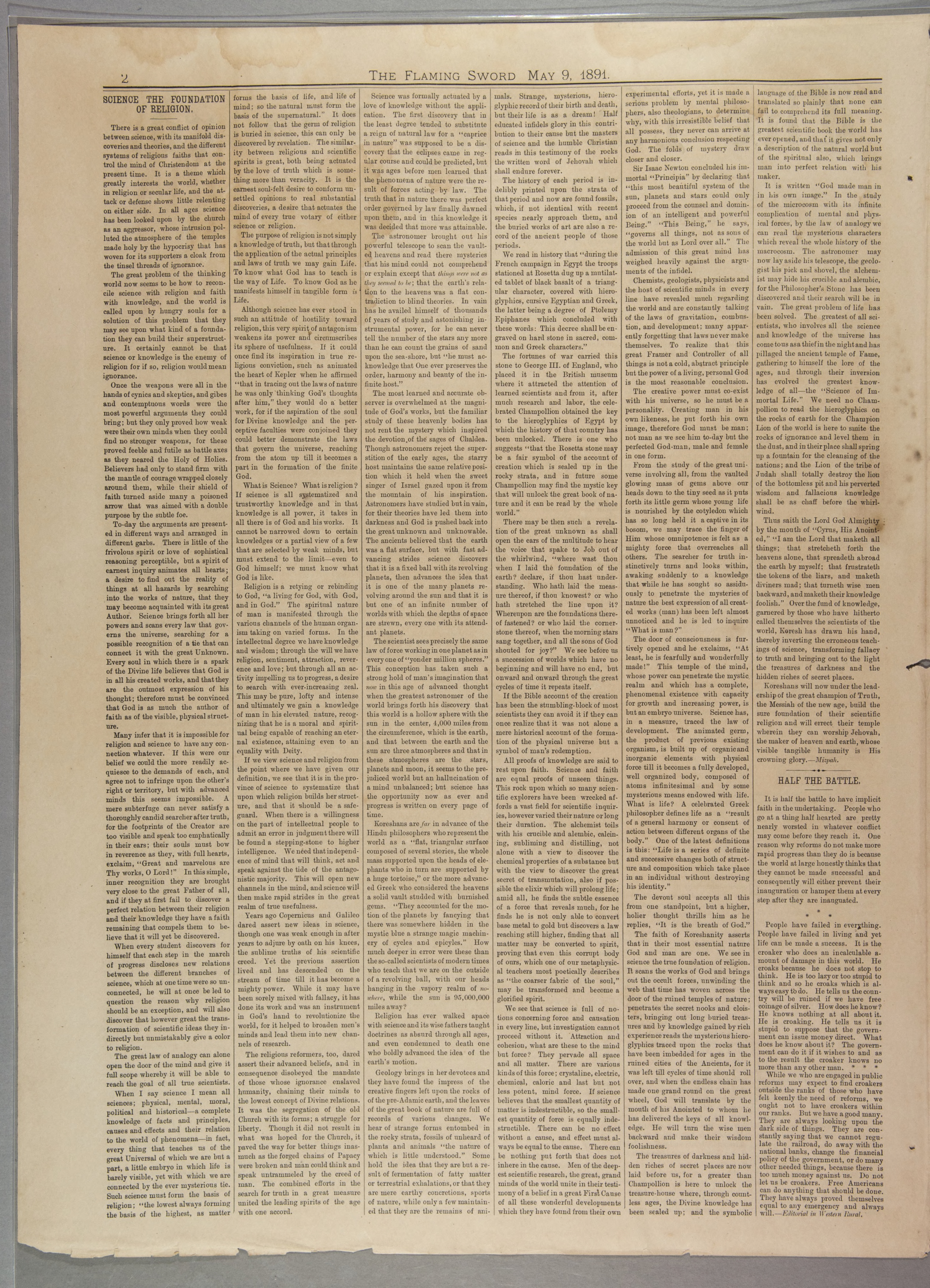 Scanned PDF p. 2 from The Flaming Sword, May 9, 1891.