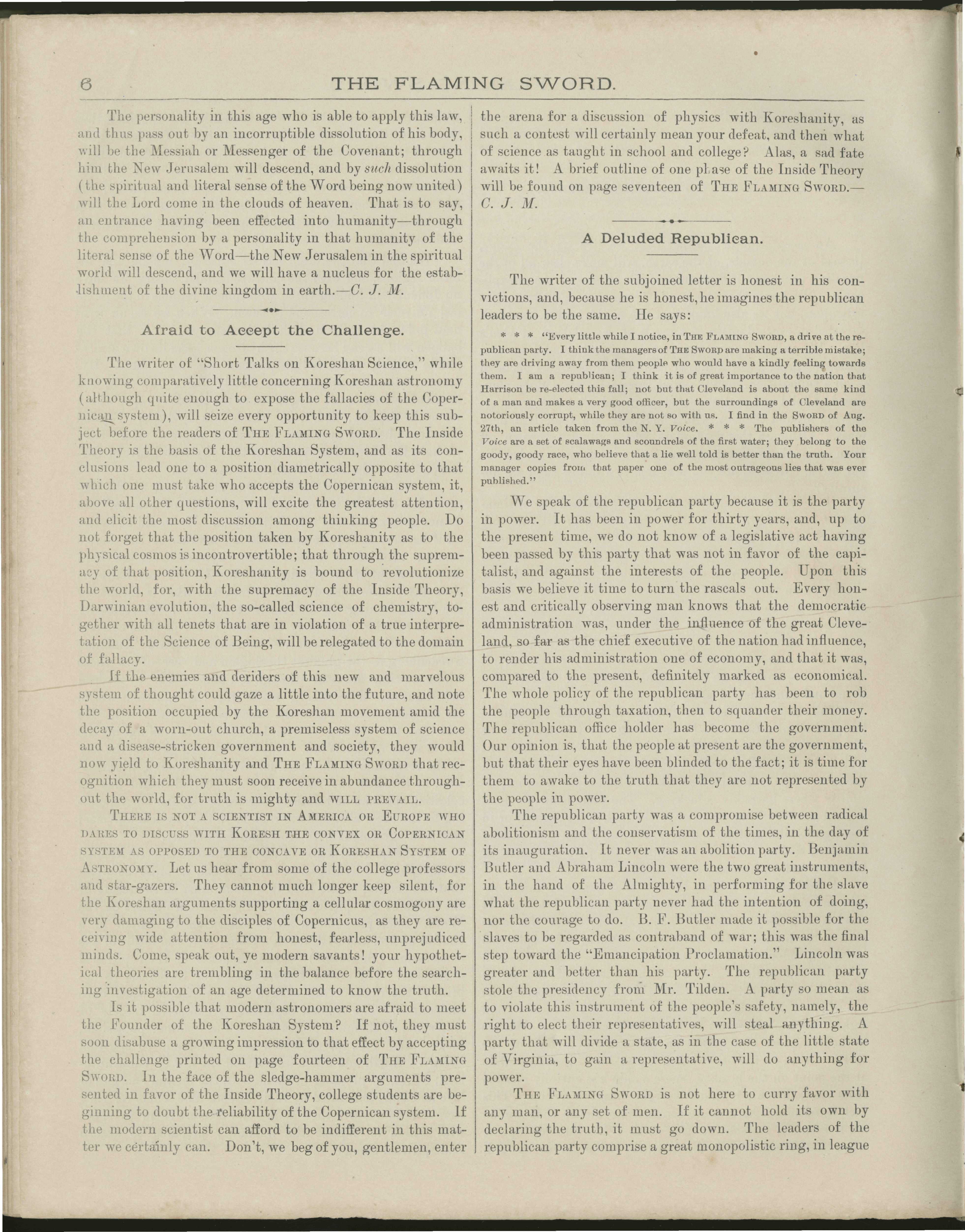 Scanned PDF p. 6 from The Flaming Sword, Sep 1892.