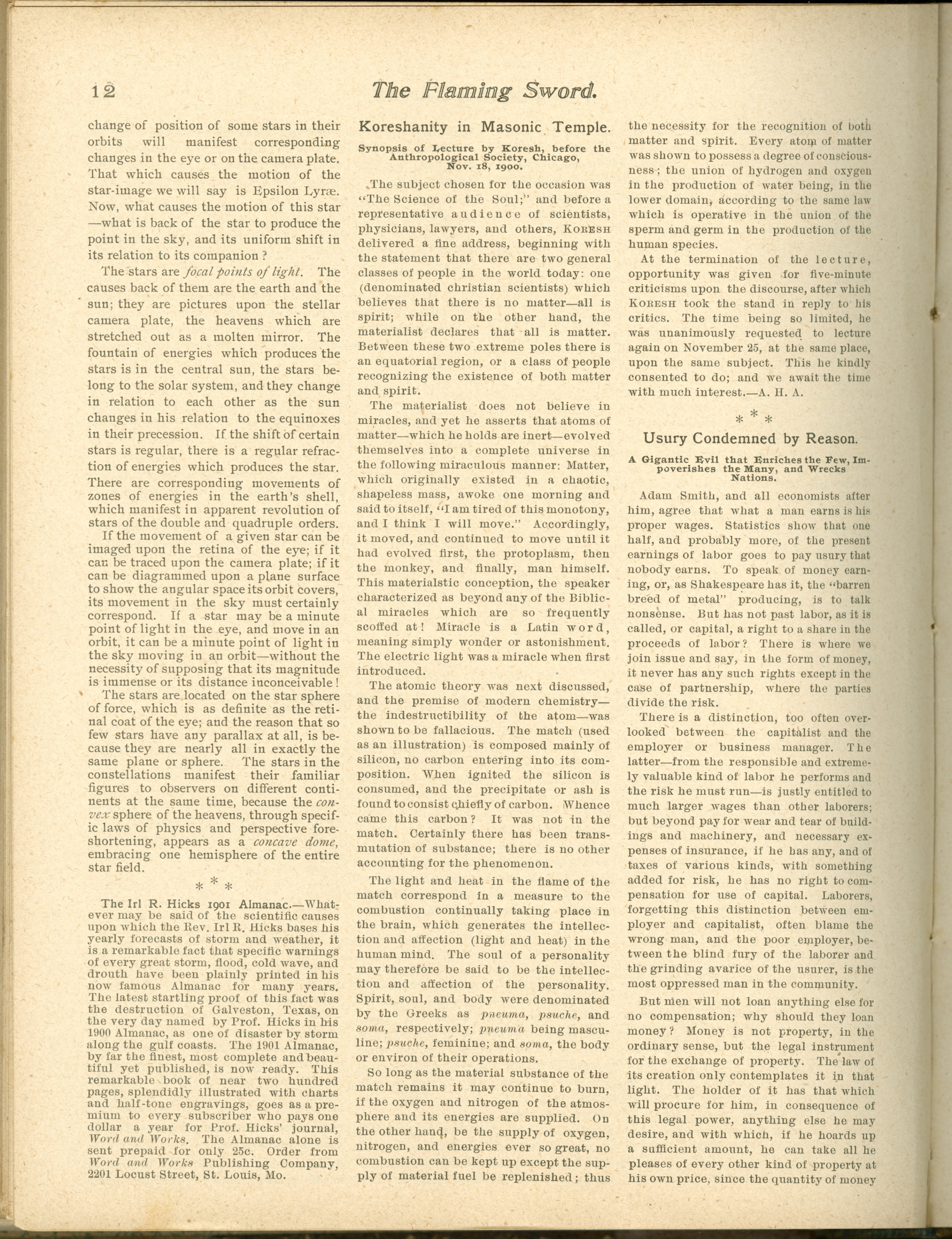 Scanned PDF p. 12 from The Flaming Sword, Nov 1900.