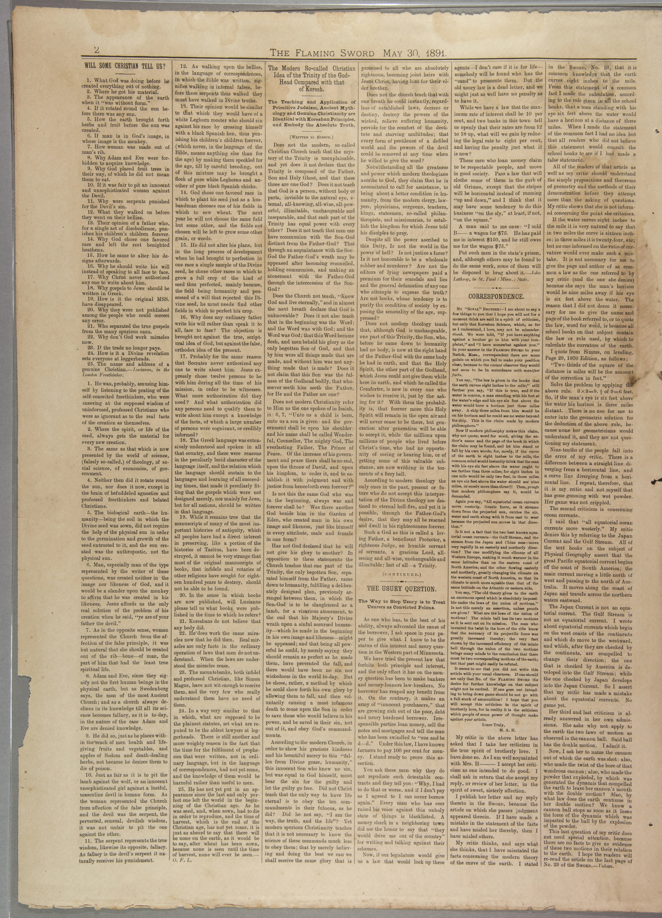 Scanned PDF p. 2 from The Flaming Sword, May 30, 1891.