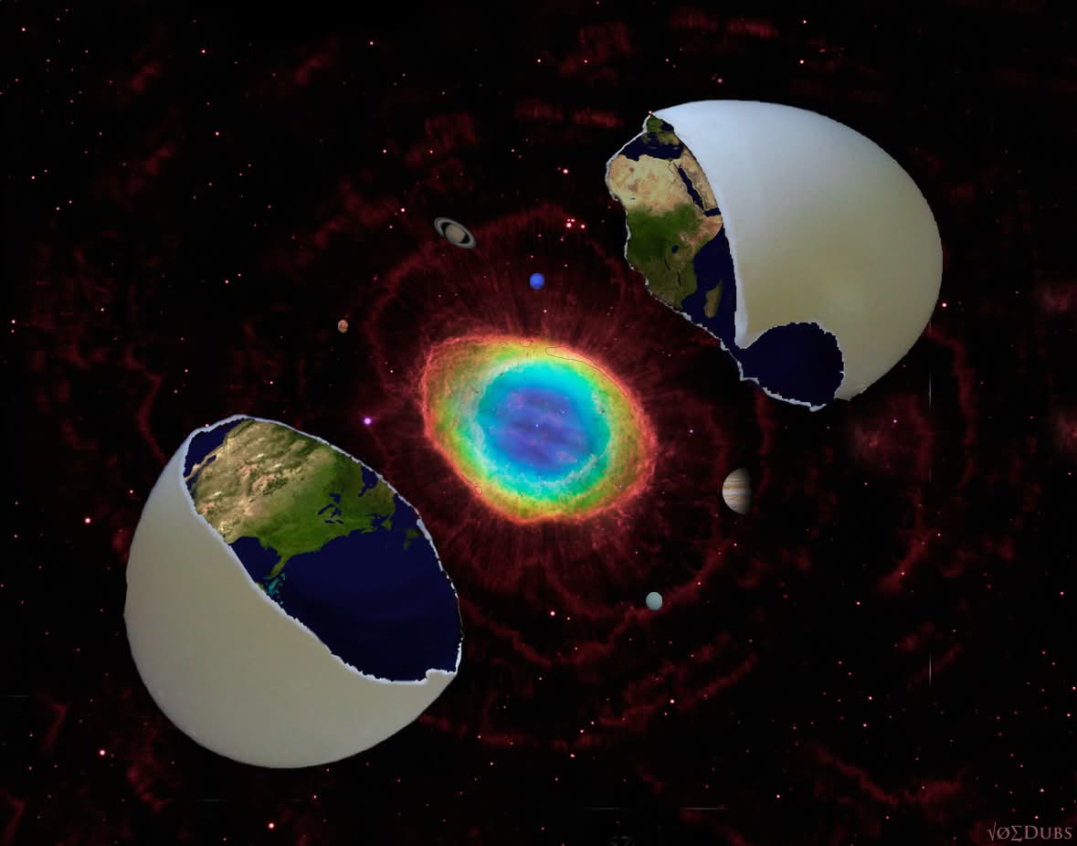 The cosmic egg cracked open: Earth fragments as upper and lower realms with the central nebula as the cosmic yolk.