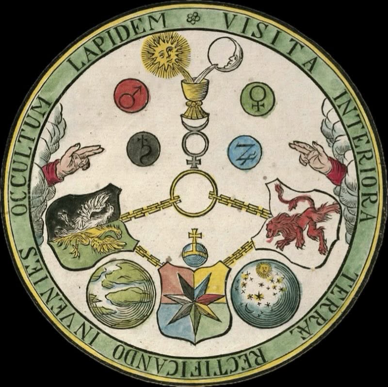 Alchemical emblem with Emerald Tablet text circling planetary symbols, sun and moon feeding a central chalice, Earth and Moon globes below