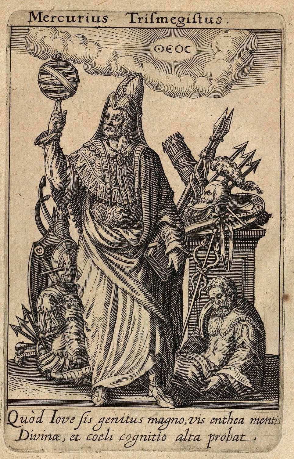 Hermes Trismegistus engraving — holding an armillary sphere, the Greek ΘΕΟΣ above him, the discarded weapons of earthly warfare at his feet