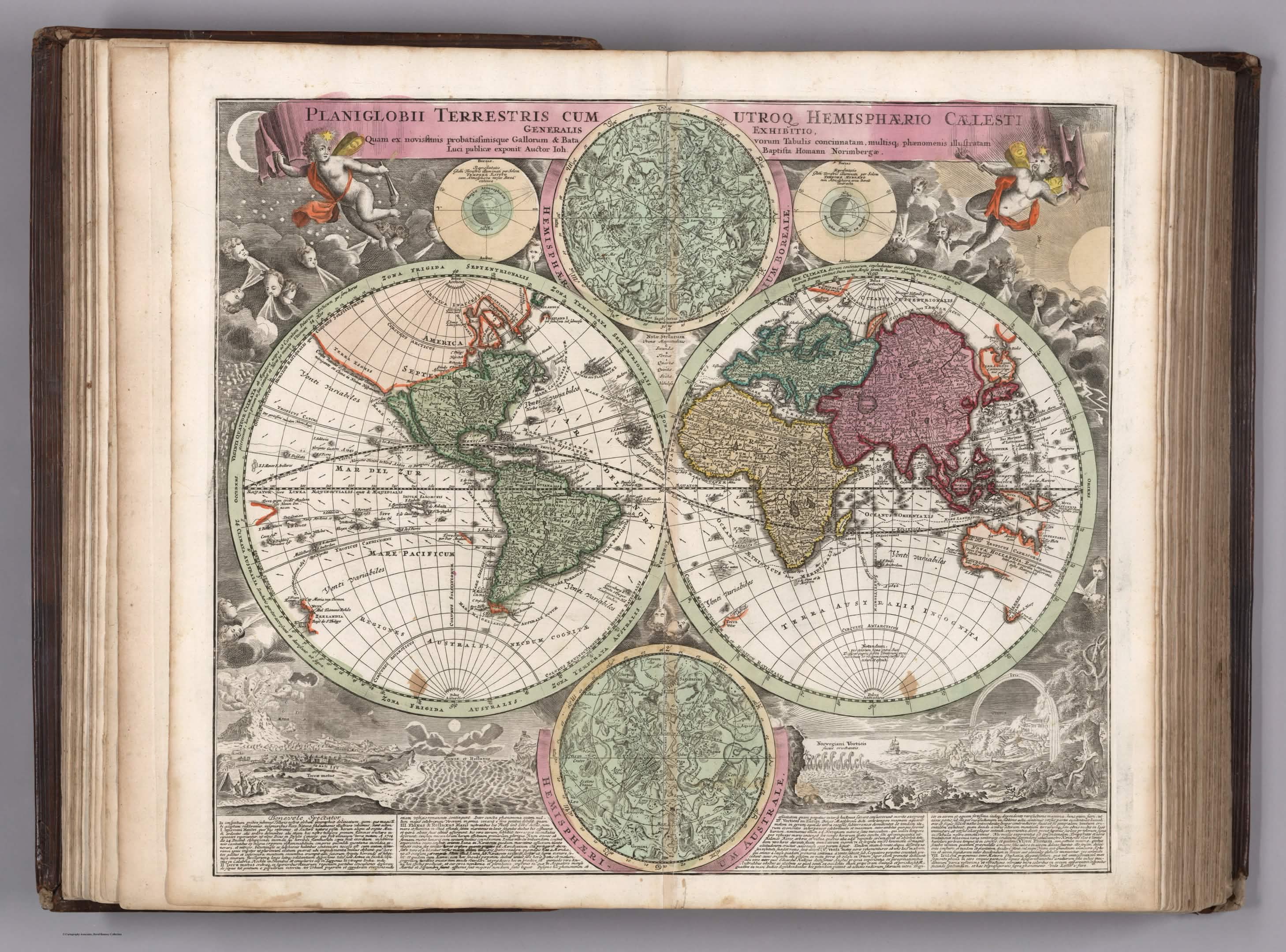 Homann planisphere — double-page celestial and terrestrial map, California shown as an island, Terra Australis Incognita sprawling across the southern hemisphere