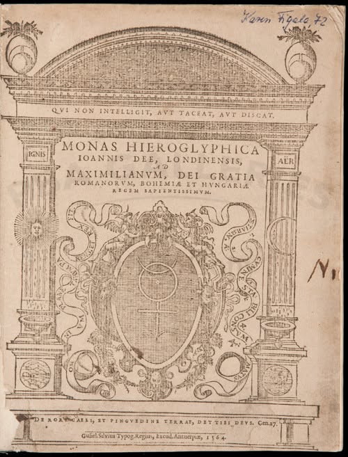 John Dee, Monas Hieroglyphica title page, 1564 — the motto reads "He who does not understand, let him be silent or let him learn"