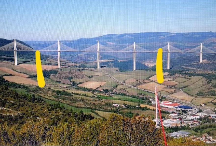 Annotated Millau Viaduct image showing a proposed plumb-line setup