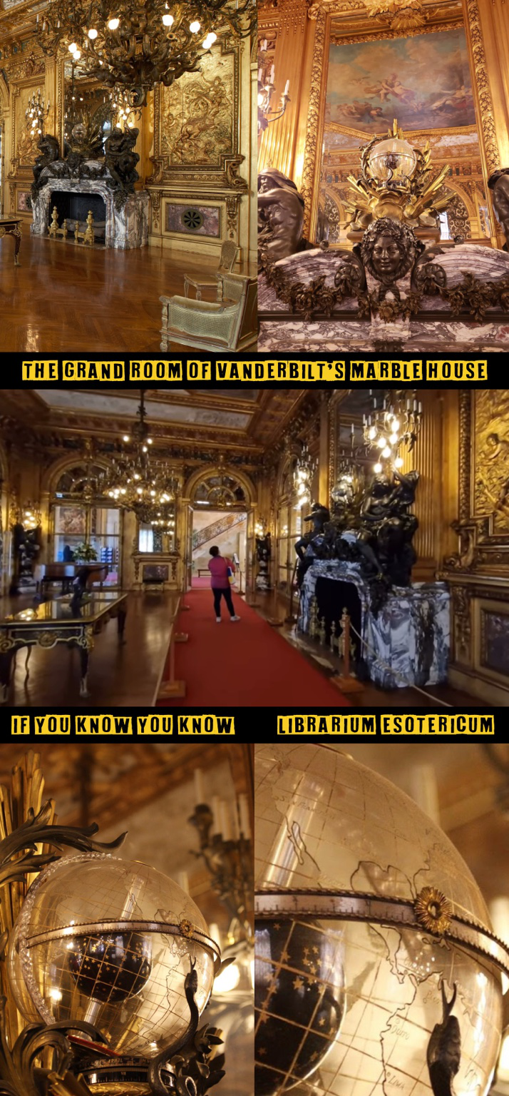 Overview views of the Grand / Gold Room at Marble House, with the fireplace mantel and globe-clock ensemble