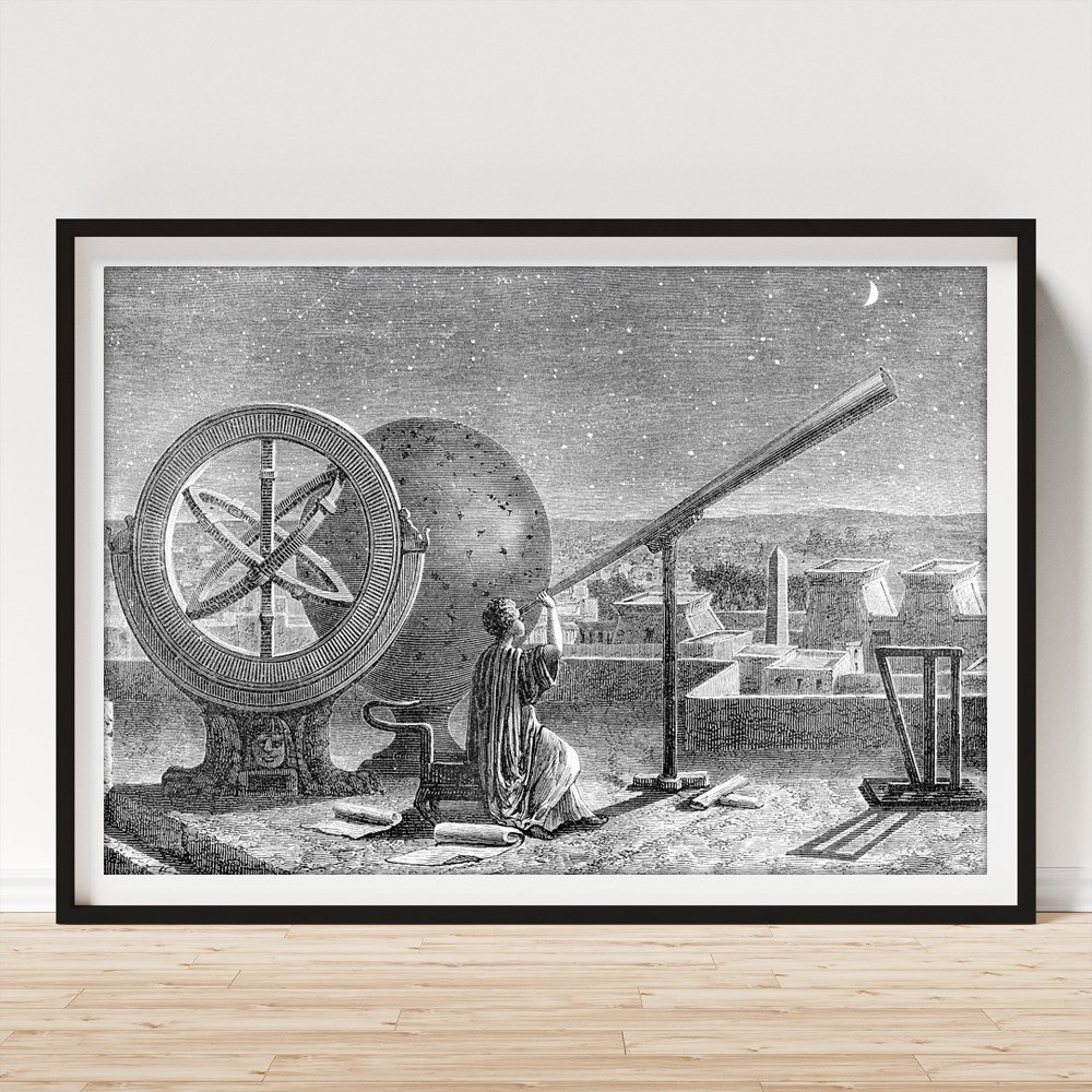 Astronomer with telescope and astrolabe