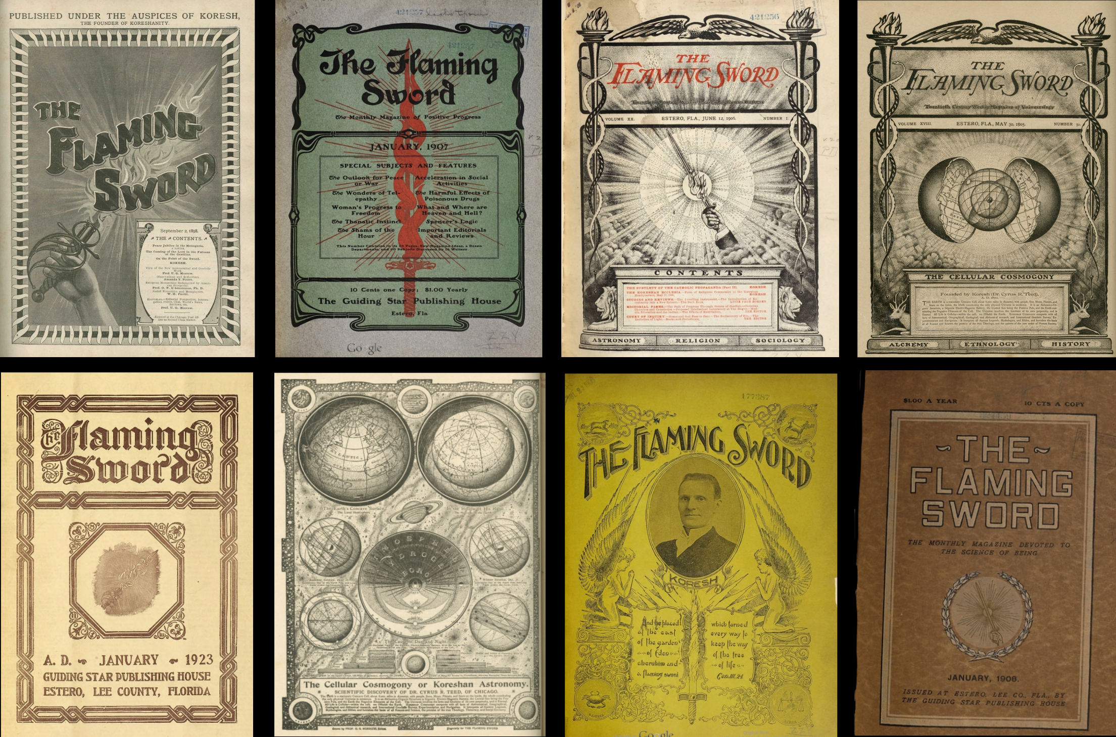 A spread of historic Flaming Sword covers.