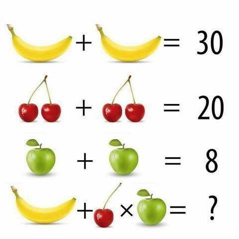 The answer is 35 because banana(15) + onecherry(5) x apple(4) = 35, Remember PEMDOS